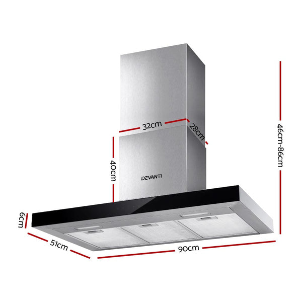 Devanti 900Mm Range Hood 90Cm Rangehood Glass Stainless Steel Rangehoods