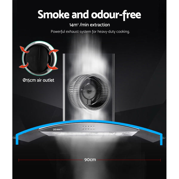 Devanti 900Mm Range Hood 90Cm Rangehood Glass Canopy Rangehoods