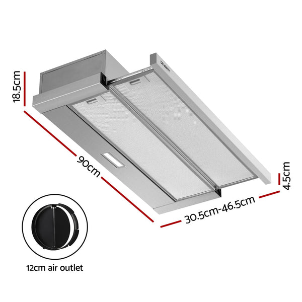 Devanti 900Mm Range Hood 90Cm Slide Out Rangehood Stainless Steel Rangehoods