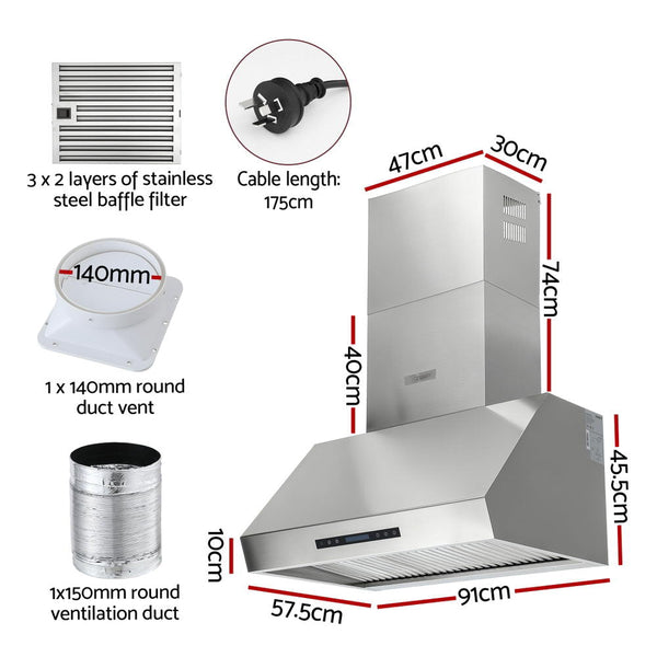 Devanti 900Mm Range Hood 3 Speed Fan Led Display Remote Control Rangehoods