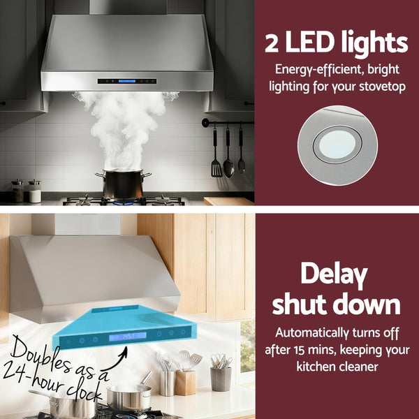 Devanti 900Mm Range Hood 3 Speed Fan Led Display Remote Control Rangehoods