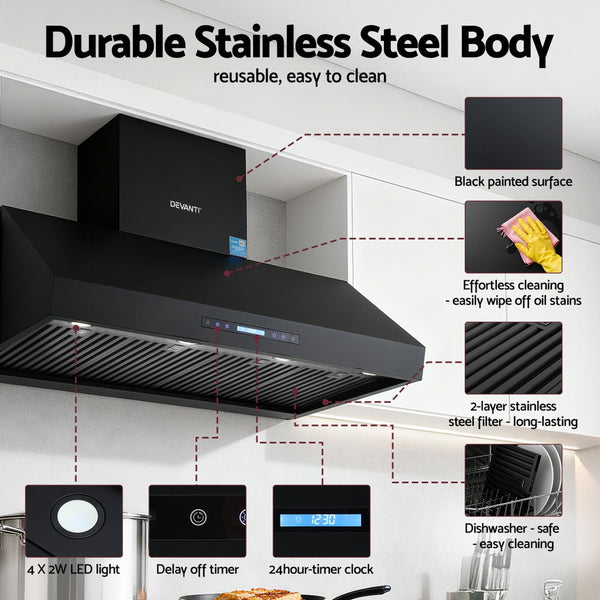 Devanti 1200Mm Commercial Bbq Range Hood Dual Motor W/ Remote Control Black Rangehoods