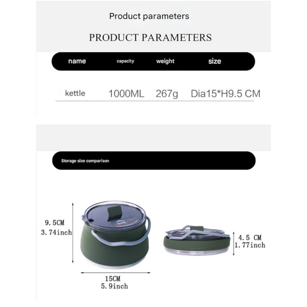 Khaki 1L Collapsible Camping Kettle Food Grade Silicone Body With 304 Stainless Steel Base Compatible Induction & Gas Stoves Camping Kettles