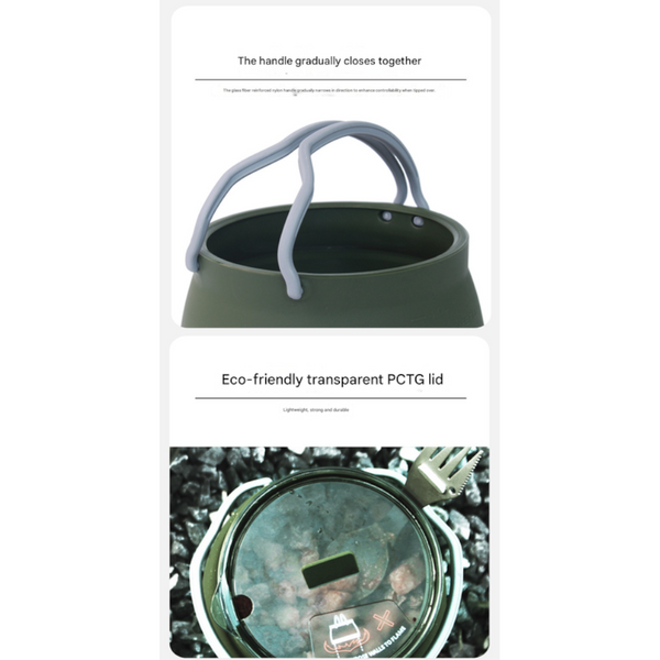 Khaki 1L Collapsible Camping Kettle Food Grade Silicone Body With 304 Stainless Steel Base Compatible Induction & Gas Stoves Camping Kettles