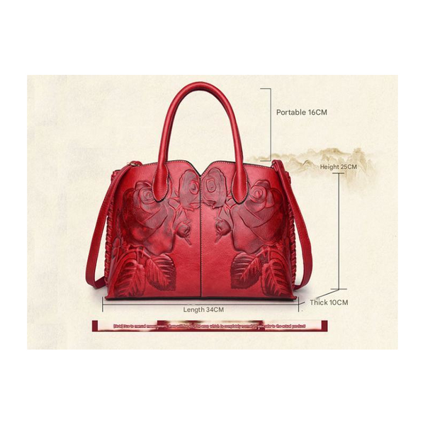 Elosung Red Elegant Embossed Rose Leather Handbag Style Tote Bag Women's Bags & Handbags