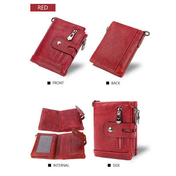 Elosung Red Genuine Leather Tri Fold Wallet Fashionable Multi Card Men's And Women's Wallets