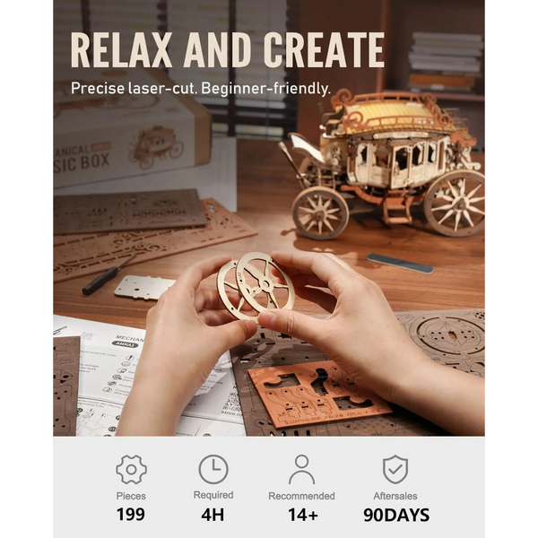 Robotime Rokr Stagecoach Music Box 3D Wooden Puzzle Gift Hobby Stem Kits Model Puzzles