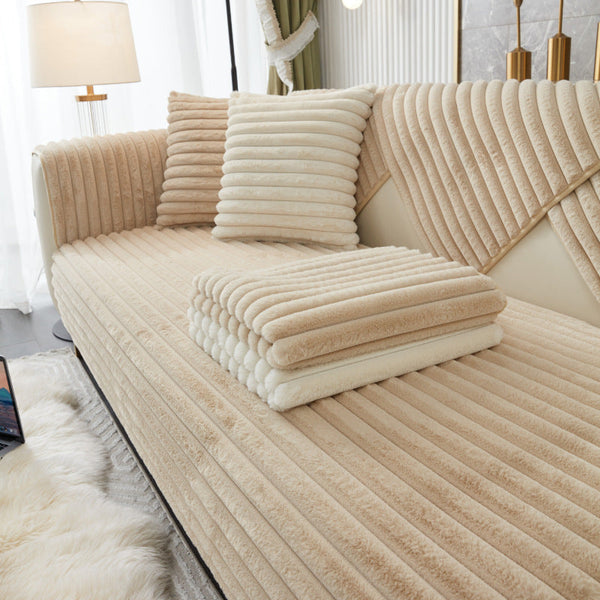 Sofa Towel Super Soft Linear Camel Rabbit Plush Quilted Couch Cover Slipcovers