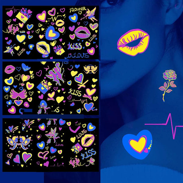 10Pcs Uv Glow Face Tattoo Stickers Butterfly Flower Lips For Party Festival Face Stickers