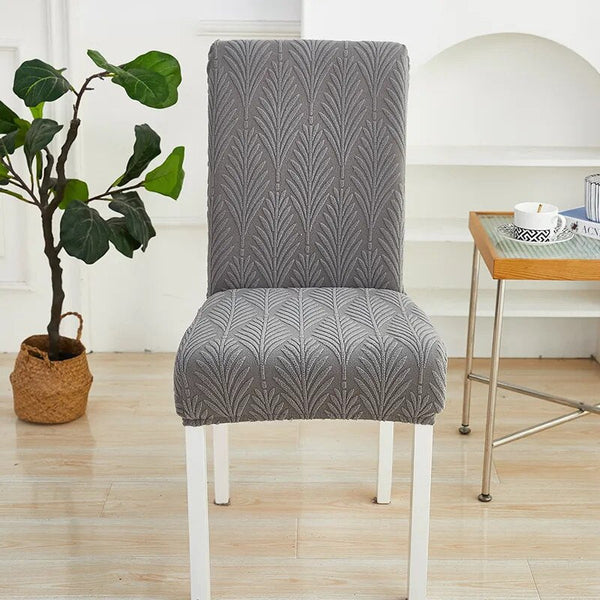 Chair Cover Dark Grey Leaf Lines Design Elastic Material For Dining Room Slipcovers