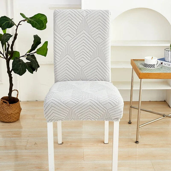 Chair Cover Light Grey Geometric Lines Design Elastic Material For Slipcovers