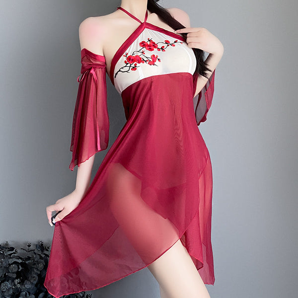 Chinese Blossom Satin Mesh Halter Chemise Dress Lingerie Red Sleepwear