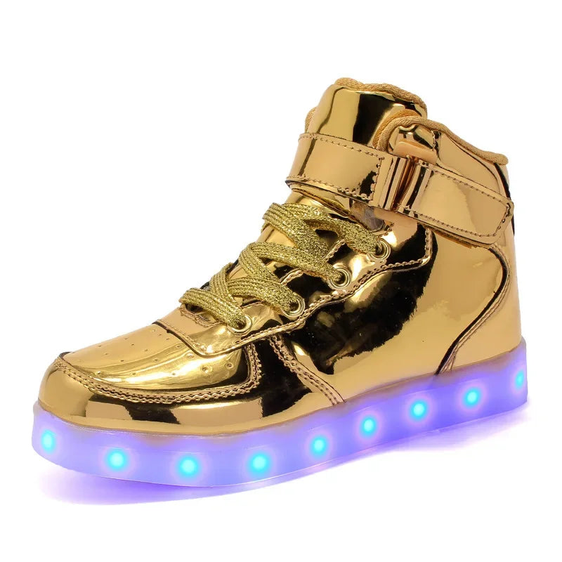 High Top Led Shoes Gold Silver Adult Plus Size Glossy Light Colorful Flashing Casual Wholesale From Manufactur Athletic Shoes