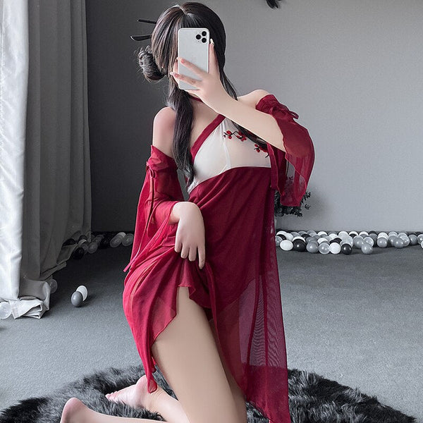 Chinese Blossom Satin Mesh Halter Chemise Dress Lingerie Red Sleepwear