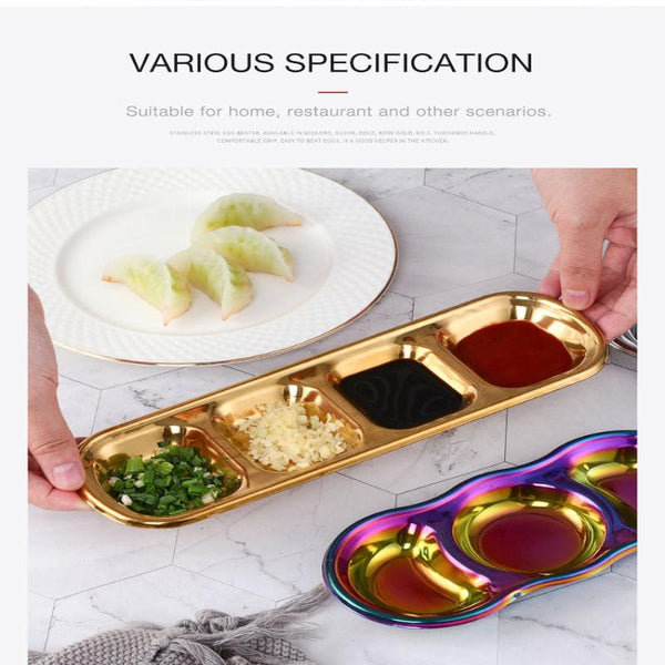 Gold Stainless Steel 4 Grid Seasoning Sauce Dish For Kitchen Dining Bar Plates
