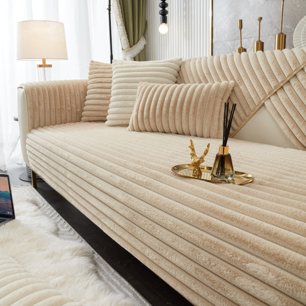 Sofa Towel Super Soft Linear Camel Rabbit Plush Quilted Couch Cover Slipcovers