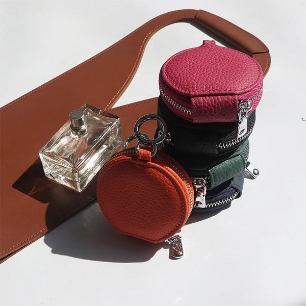 Custom Letters Round Earphone Bag Engrave Name Mini Storage Genuine Leather Zipper Luxury Coin Purse Pouch Key Wallet Gift Earbud Cases