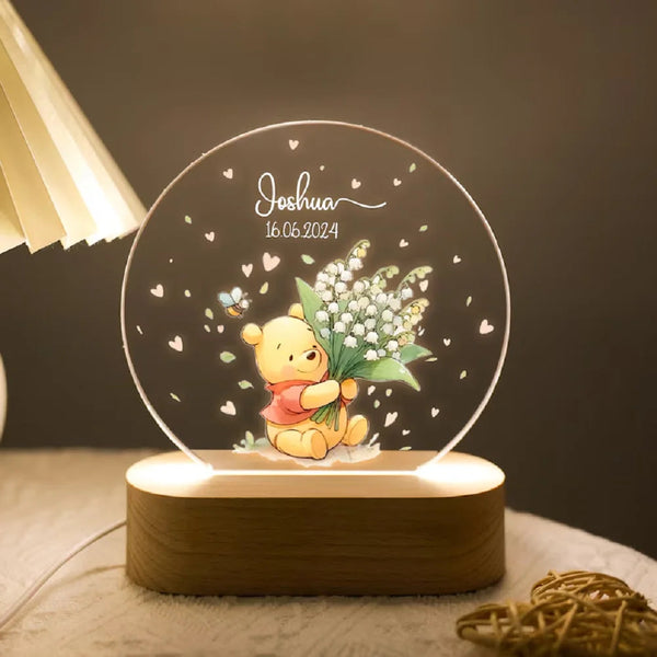 Custom Name & Date Acrylic Plaque With Cute Mouse Night Light Plate Animals Lamp Little One Kids Bedside Baptism Gifts Lamps