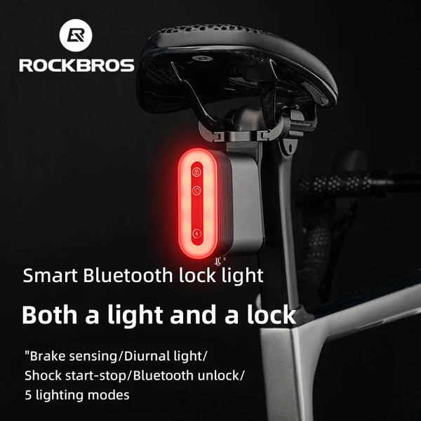 Rockbros Bicycle Rear Light Bluetooth Smart Lock Dual Function Ipx6 Waterproof 5 Lighting Modes Type C Mtb Bike Tail Lights & Reflectors