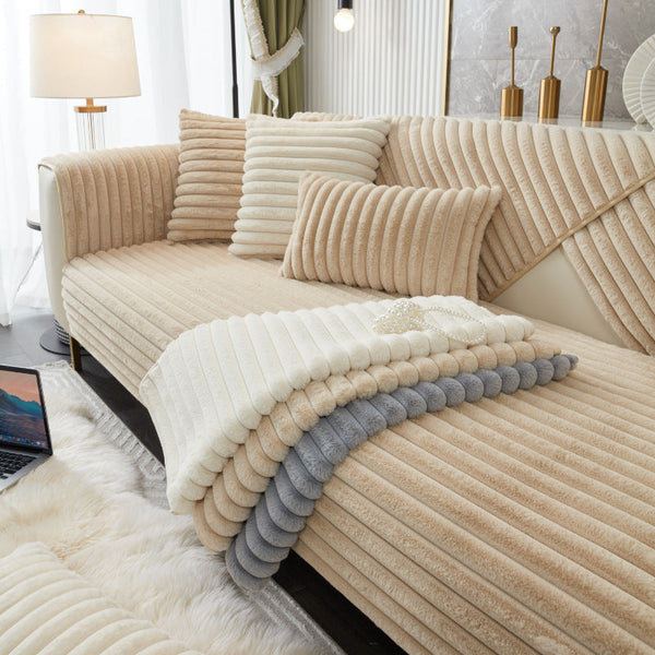 Sofa Towel Super Soft Linear Camel Rabbit Plush Quilted Couch Cover Slipcovers