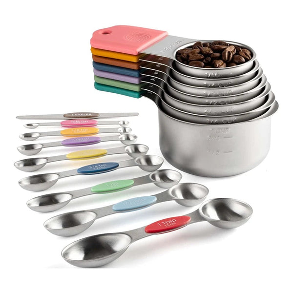 16Pc Magnetic Stainless Steel Measuring Cups & Spoons Set 7 Heavy Duty Cups8 Double Sided With Leveler Measuring Cups Jugs & Spoons
