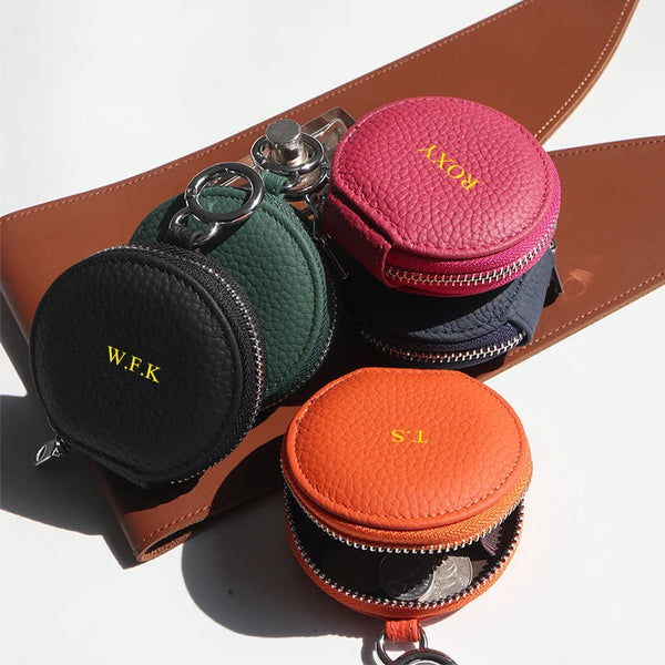 Custom Letters Round Earphone Bag Engrave Name Mini Storage Genuine Leather Zipper Luxury Coin Purse Pouch Key Wallet Gift Earbud Cases