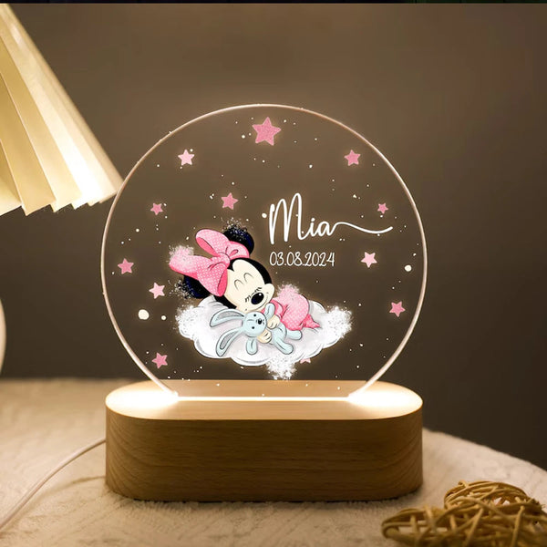 Custom Name & Date Acrylic Plaque With Cute Mouse Night Light Plate Animals Lamp Little One Kids Bedside Baptism Gifts Lamps