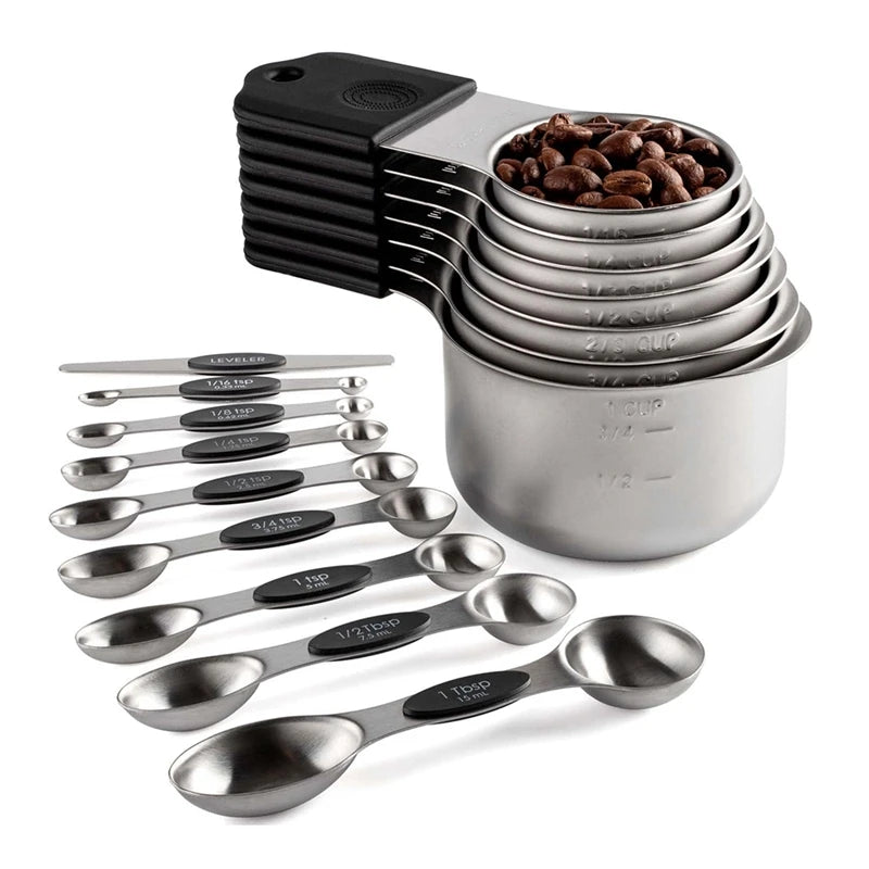 16Pc Magnetic Stainless Steel Measuring Cups & Spoons Set 7 Heavy Duty Cups8 Double Sided With Leveler Measuring Cups Jugs & Spoons