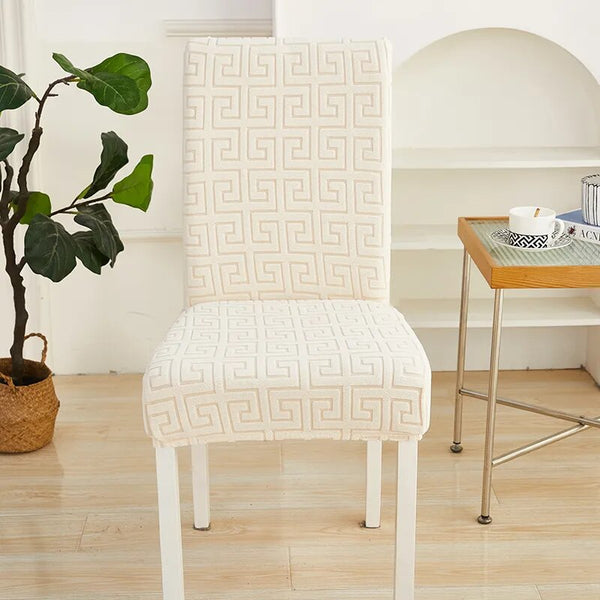 Chair Cover Beige Square Geometric Design Elastic Material For Dining Room Slipcovers