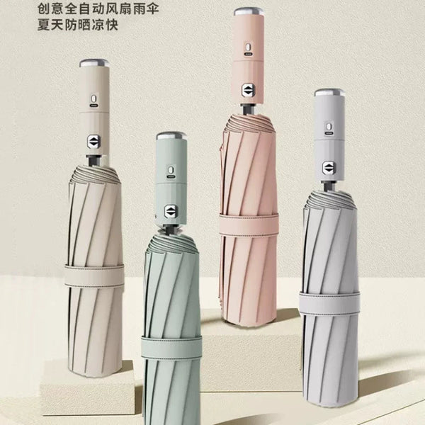 Come With Fan Umbrella Ten Bones Automatic Folding Sunblock Shade Double Cooling Rain And Sunshine Umbrellas