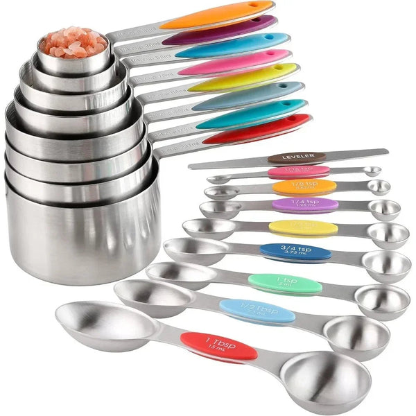 17Pcs Stainless Steel Measuring Cup Magnetic Spoon Set Multifunction For Seasoning Flour Baking Cake Ideal Gift Kitchen Tools Measuring Cups Jugs & Sp