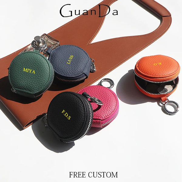 Custom Letters Round Earphone Bag Engrave Name Mini Storage Genuine Leather Zipper Luxury Coin Purse Pouch Key Wallet Gift Earbud Cases