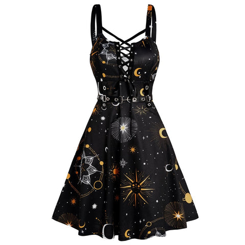 Summer Sun Moon Star Print Dress Lace Up Grommet Buckle Strap Crisscross High Waisted Fashion Mini Robe For Women Dresses