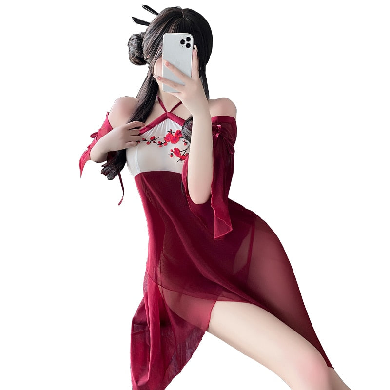 Chinese Blossom Satin Mesh Halter Chemise Dress Lingerie Red Sleepwear
