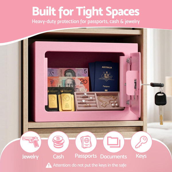 Ul Tech 6.5L Pink Key Lock Mini Safe Box For Cash & Valuables Key Safes Boxes & Hideaways