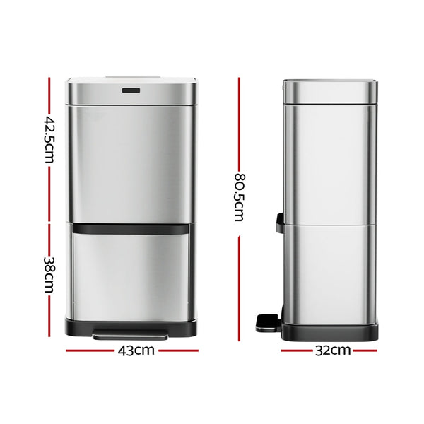 Devanti 70L Motion Sensor Bin Pedal Bins Automatic Siver Rubbish Bins