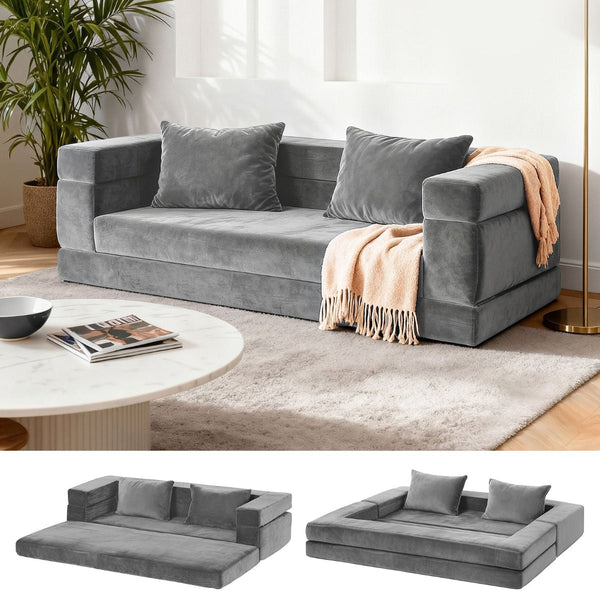 Artiss Convertible Sofa Bed Grey Velvet 3 In 1 Design No Assembly Sofa Beds