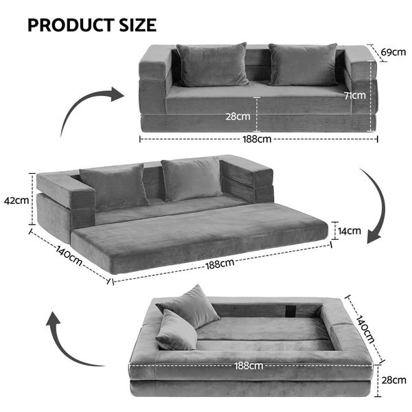 Artiss Convertible Sofa Bed Grey Velvet 3 In 1 Design No Assembly Sofa Beds