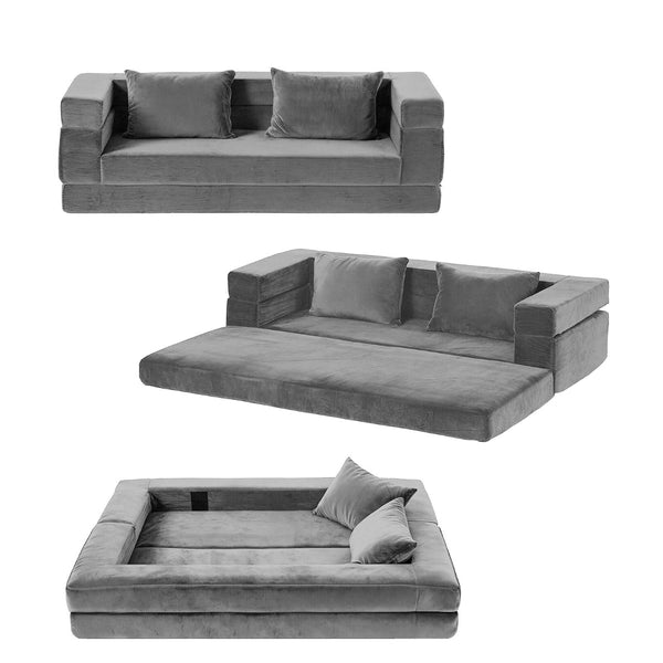 Artiss Convertible Sofa Bed Grey Velvet 3 In 1 Design No Assembly Sofa Beds