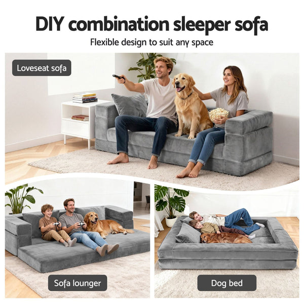 Artiss Convertible Sofa Bed Grey Velvet 3 In 1 Design No Assembly Sofa Beds