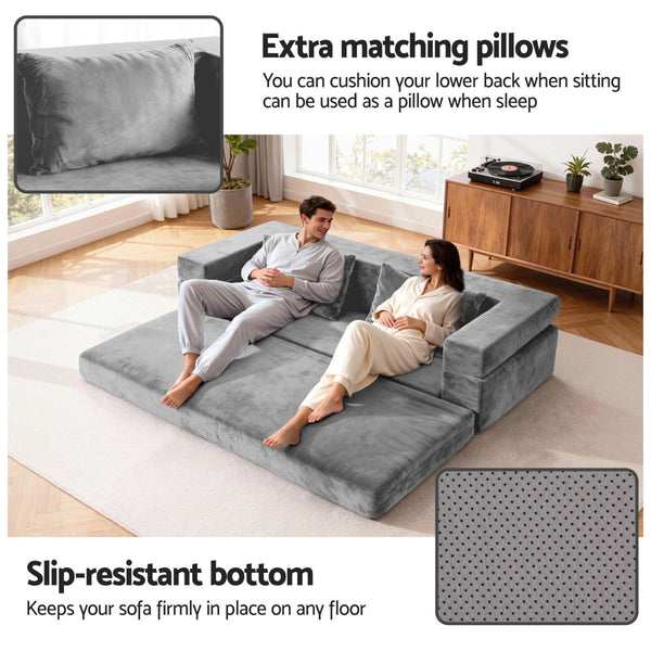 Artiss Convertible Sofa Bed Grey Velvet 3 In 1 Design No Assembly Sofa Beds