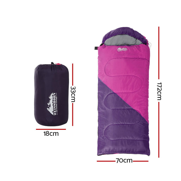 Weisshorn Sleeping Bag Kids Single 172Cm Thermal Camping Hiking Pink Sleeping Bags