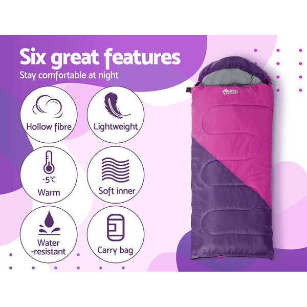 Weisshorn Sleeping Bag Kids Single 172Cm Thermal Camping Hiking Pink Sleeping Bags