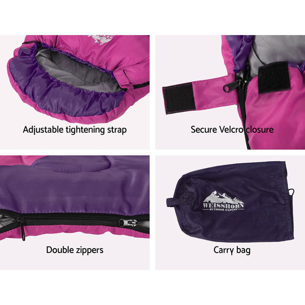 Weisshorn Sleeping Bag Kids Single 172Cm Thermal Camping Hiking Pink Sleeping Bags
