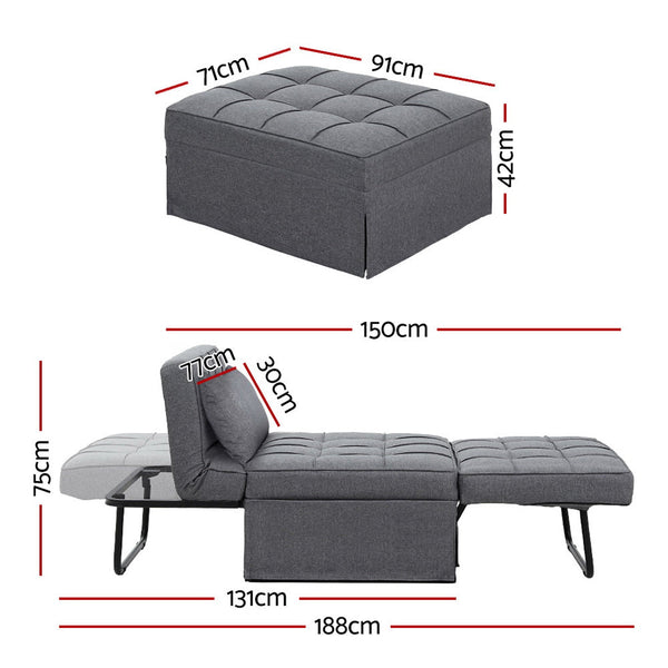 Artiss Sofa Bed Lounge Convertible Ottoman 1 Seater Couch Recliner Linen Grey Sofa Beds