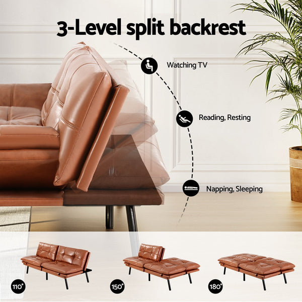 Artiss Sofa Bed Convertible 3 Seater Couch Recliner Lounge Chair Leather Brown Sofa Beds