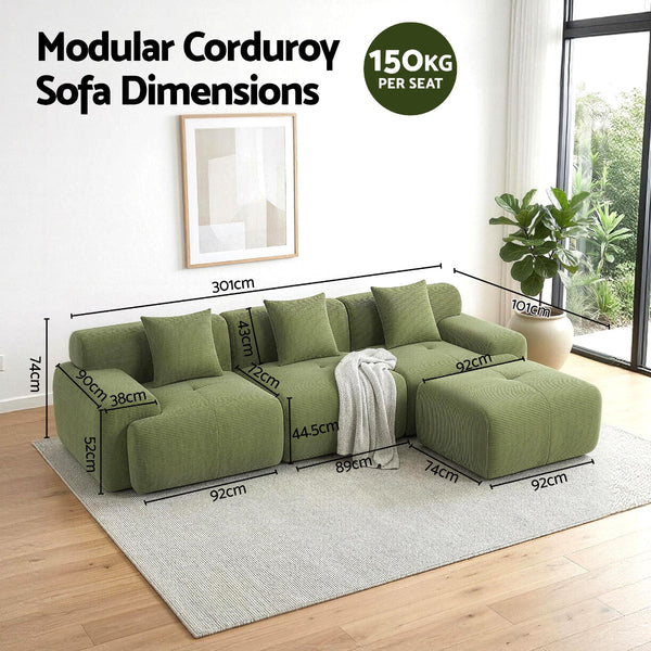 Artiss 300Cm Modular L Shaped Sofa Bed Green Corduroy Sofa Beds