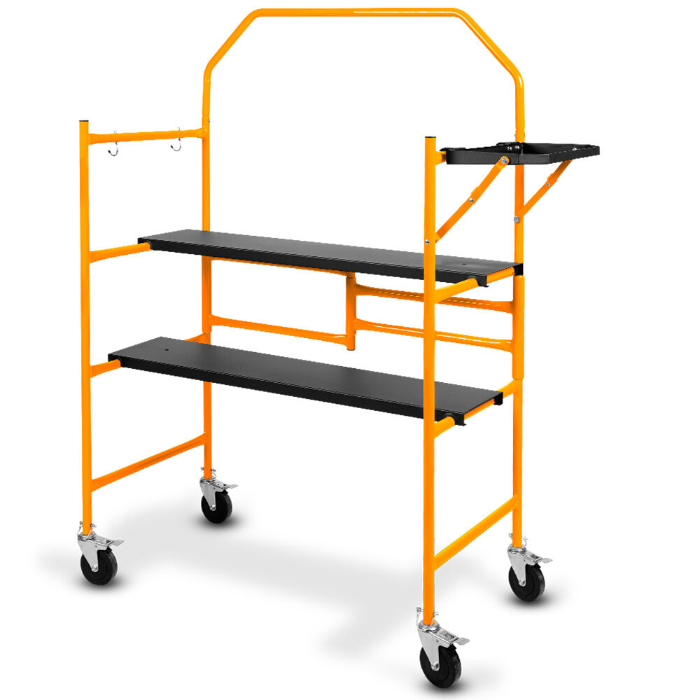 Baumr Ag Mobile Scaffold Platform 226Kg Load Steel Frame Dual Height Folding For Easy Transport And Storage Locking Castors Tool Tray Scaffolding
