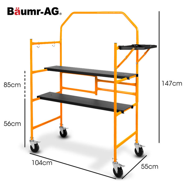 Baumr Ag Mobile Scaffold Platform 226Kg Load Steel Frame Dual Height Folding For Easy Transport And Storage Locking Castors Tool Tray Scaffolding