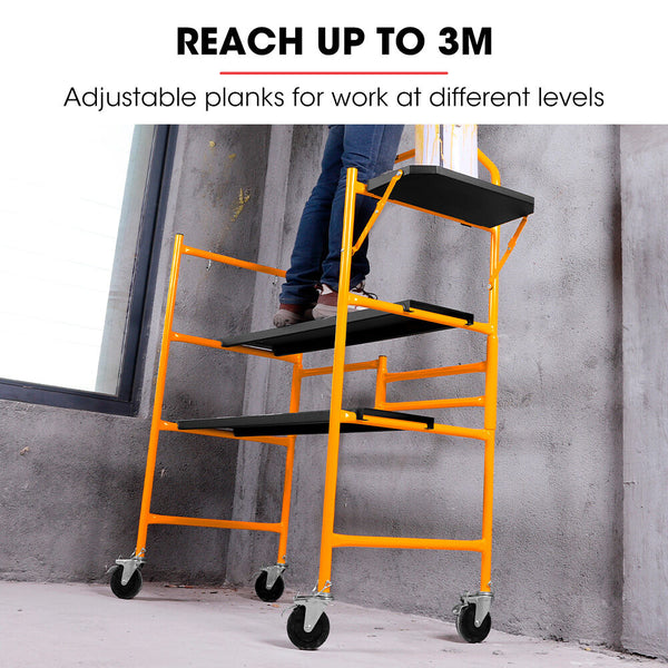 Baumr Ag Mobile Scaffold Platform 226Kg Load Steel Frame Dual Height Folding For Easy Transport And Storage Locking Castors Tool Tray Scaffolding